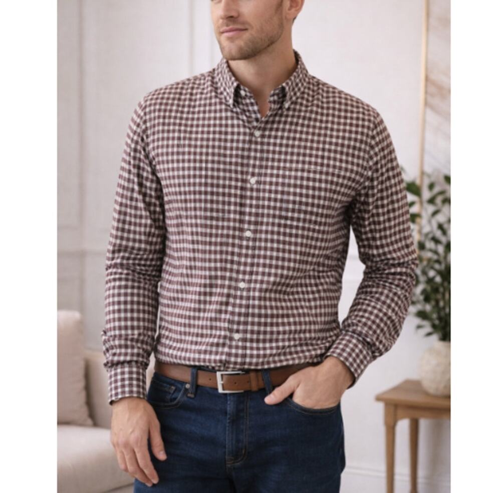 New BONOBOS Men's Brown White Check Long Sleeve Button Down Shirt Size XL